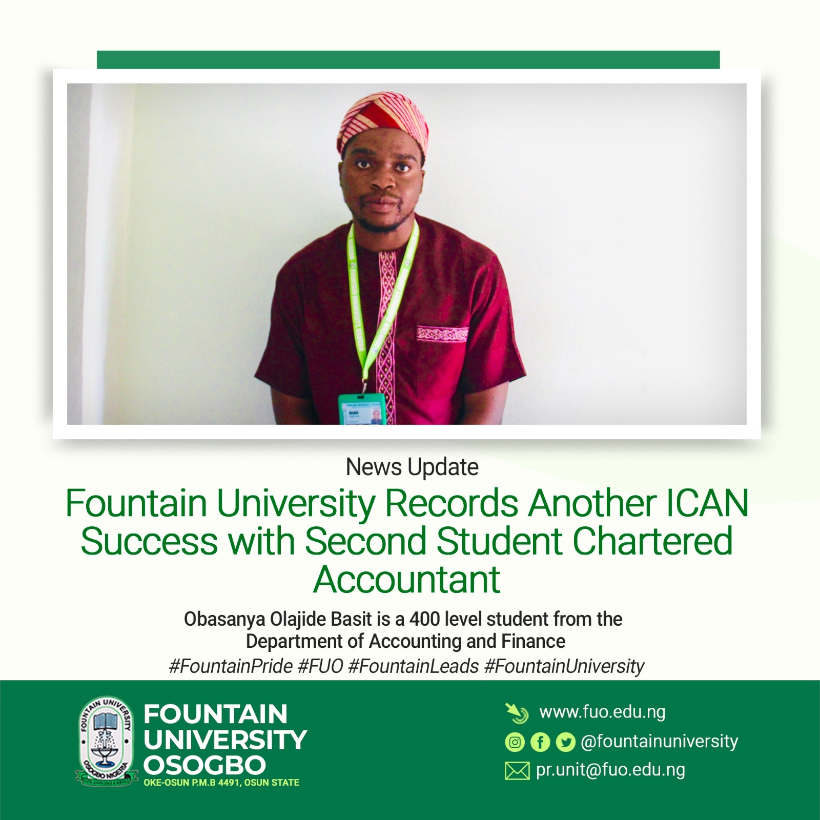 Fountain University Records Another ICAN Success with Second Student Chartered Accountant